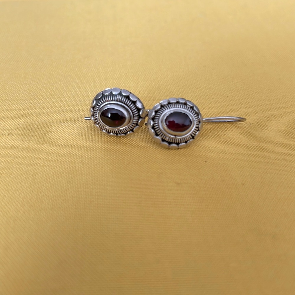 Fancy Sterling Silver Earrings Garnet Oval Dangle Earrings.